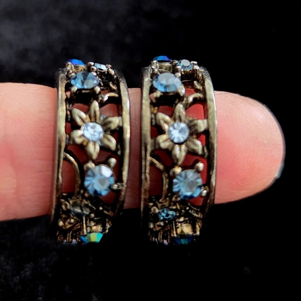 Givenchy Vintage Bronze Tone Blue Crystal Filigree Floral Clip On Hoop Earrings - Picture 2 of 6